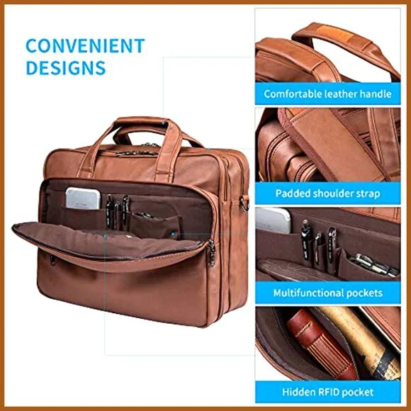 PU Leather Messenger Briefcase, 17.3 Inch Laptop Bag with Multi-Compartment